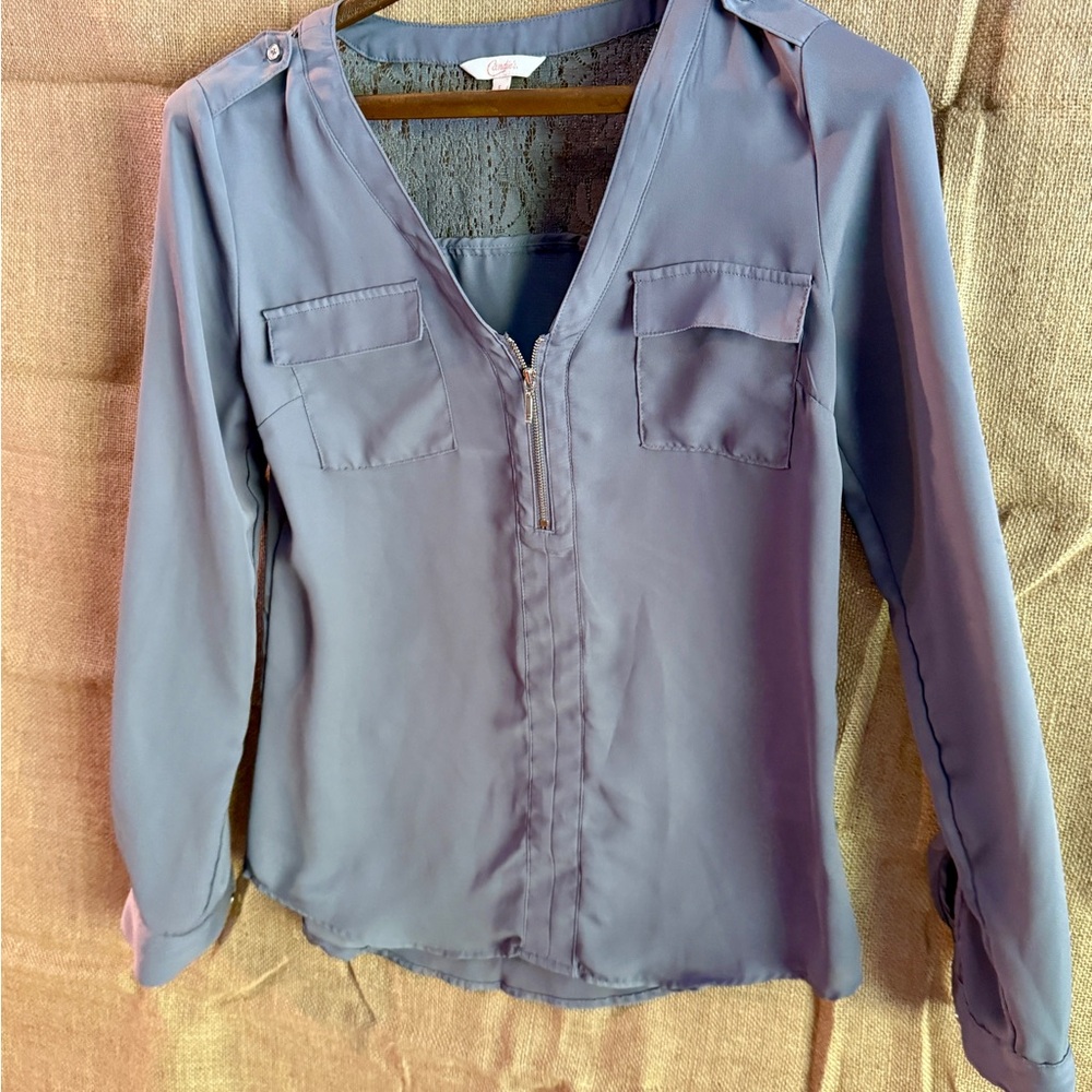Candie's Gray 3/4 Sleeve Blouse with Mandarin Collar